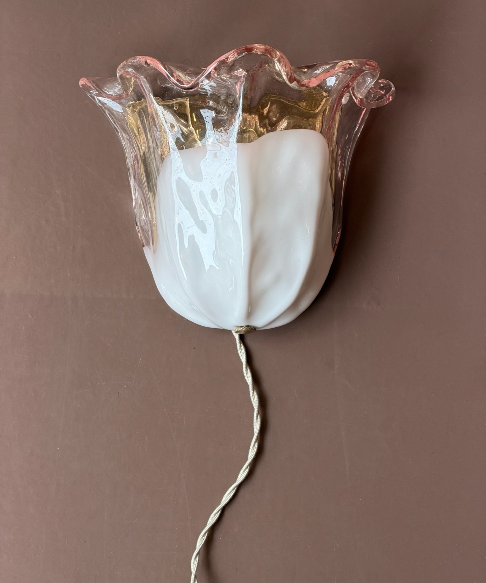 Vintage milky pink/clear Murano shell wall lamp