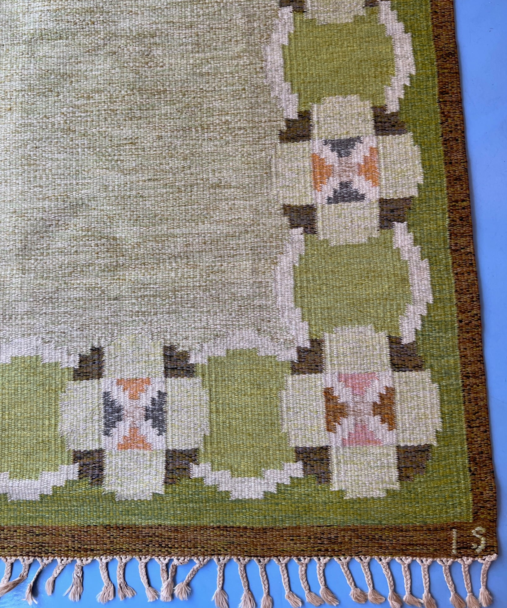 Vintage green flat weave rug by Ingegerd Silow (IS)
