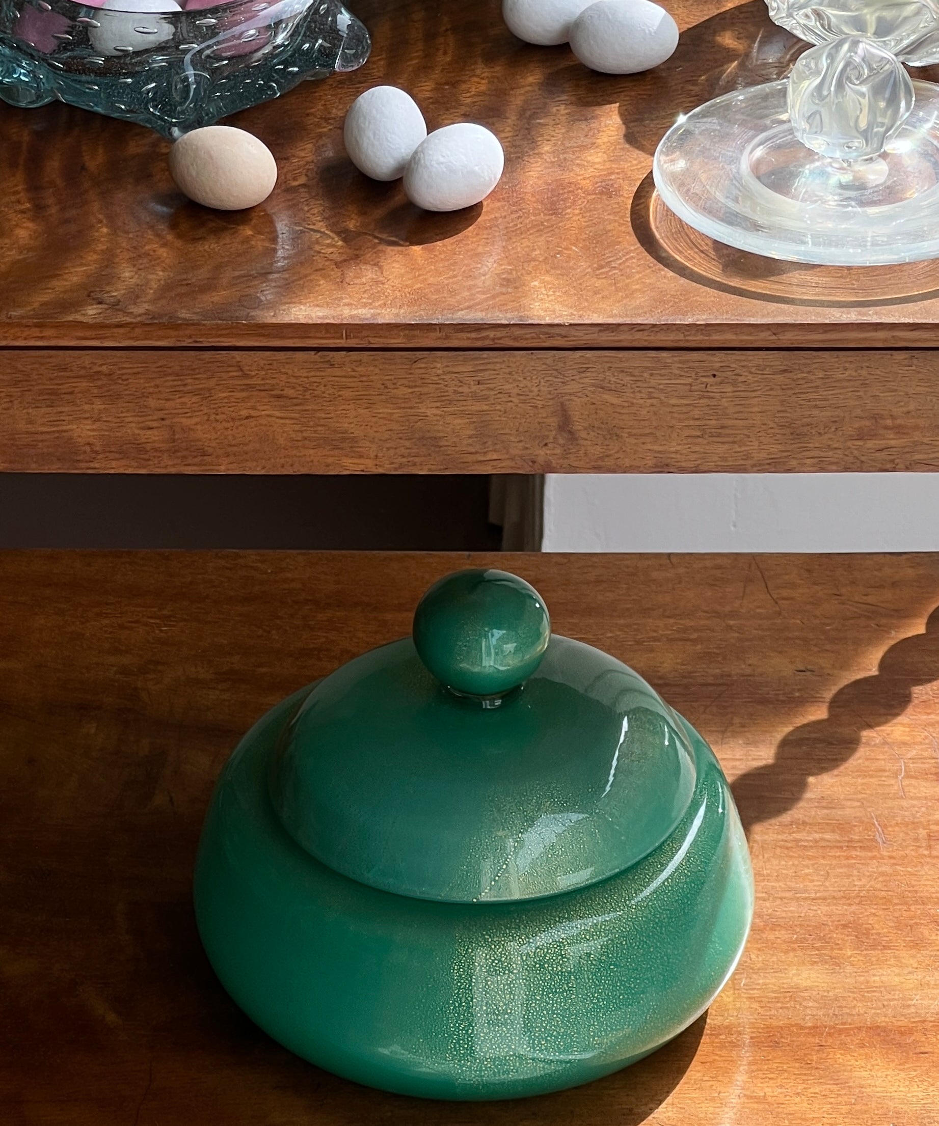 Vintage large green / golden Murano bonbonniere