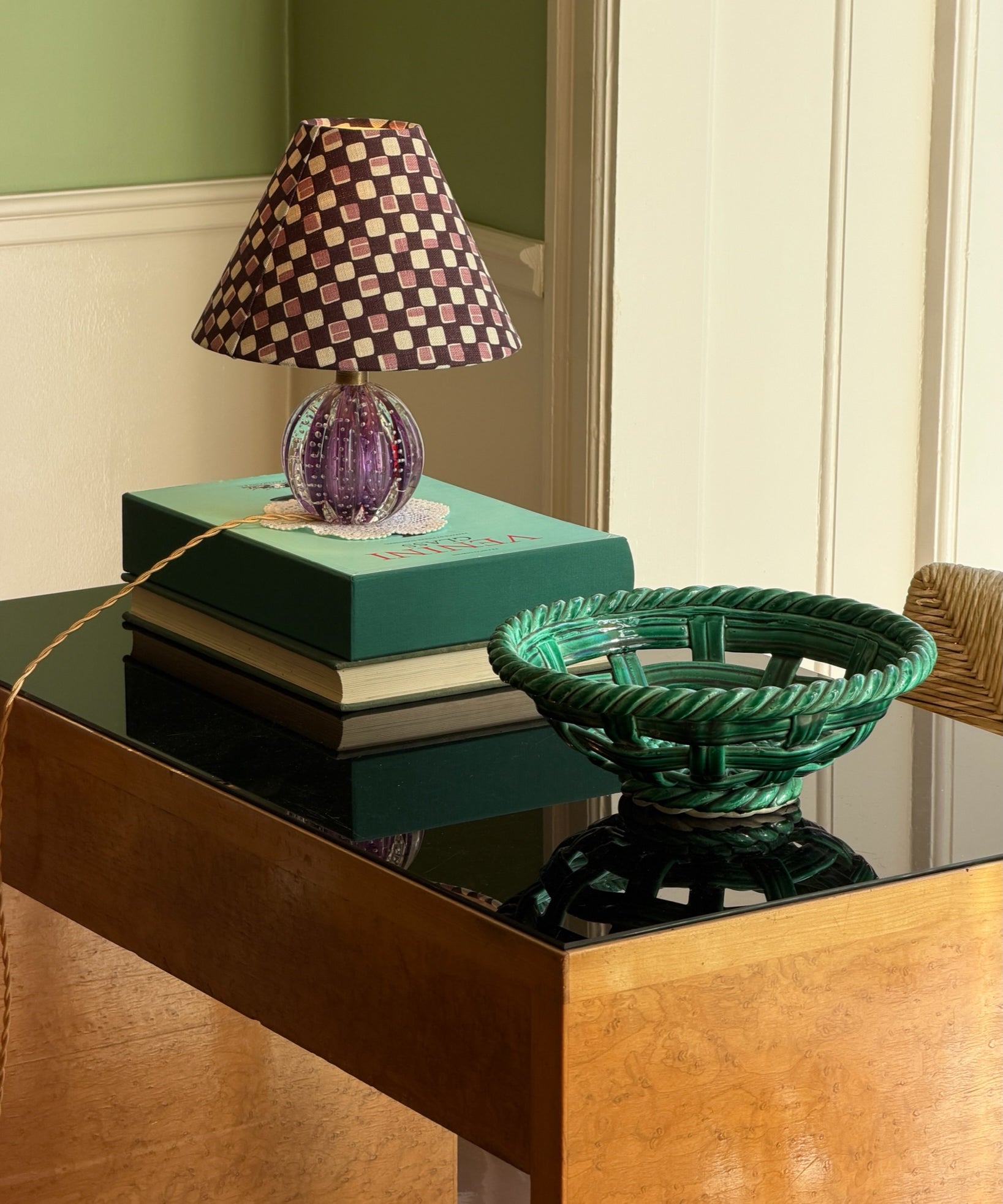 Vintage green ceramic basket