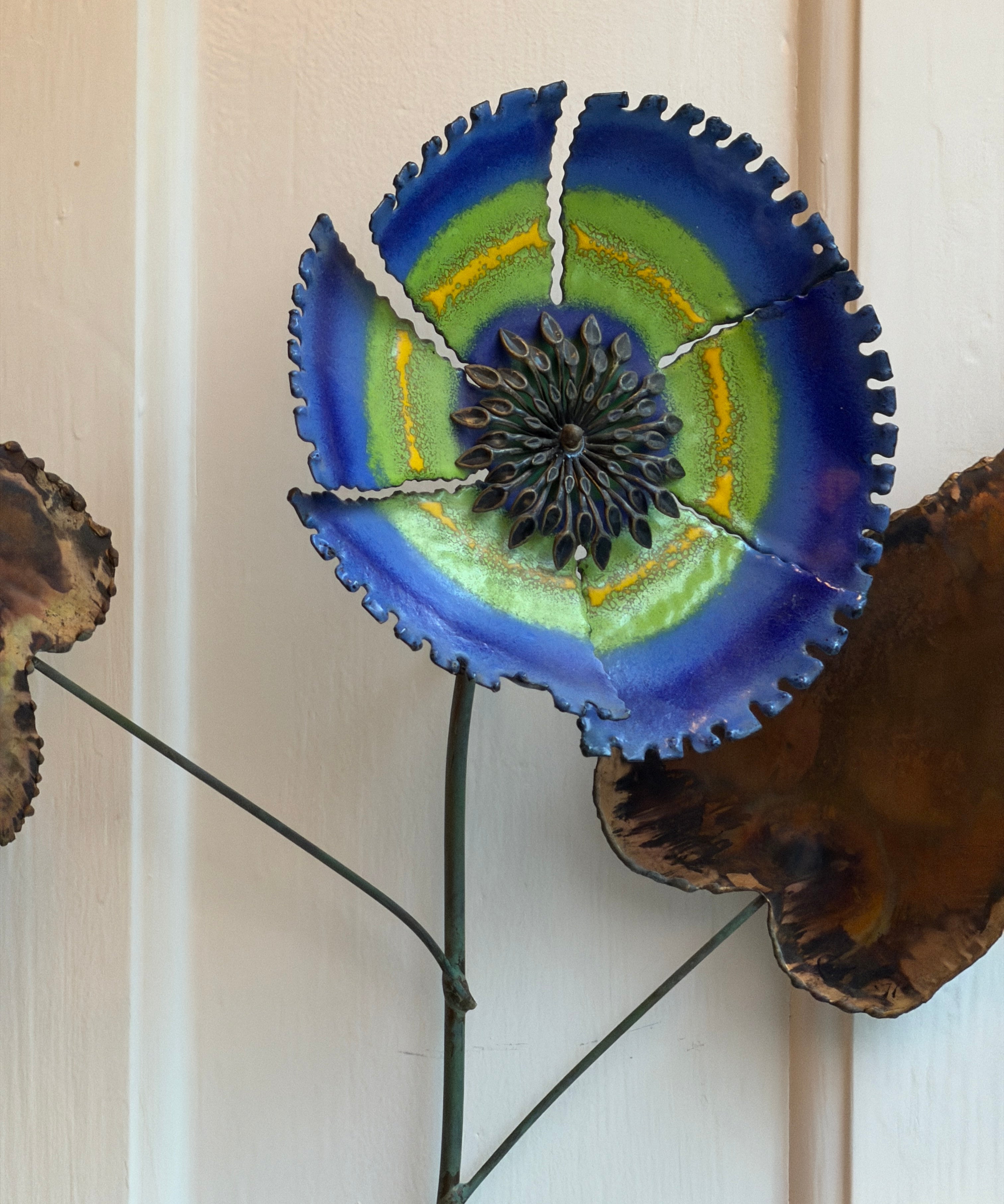 Vintage Curtis Jere blue enamel flower sculpture (stand or wall)