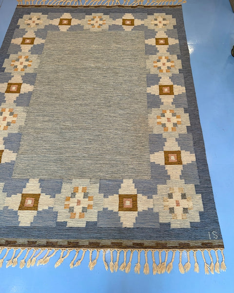 Vintage blue flat weave rug by Ingegerd Silow (IS)