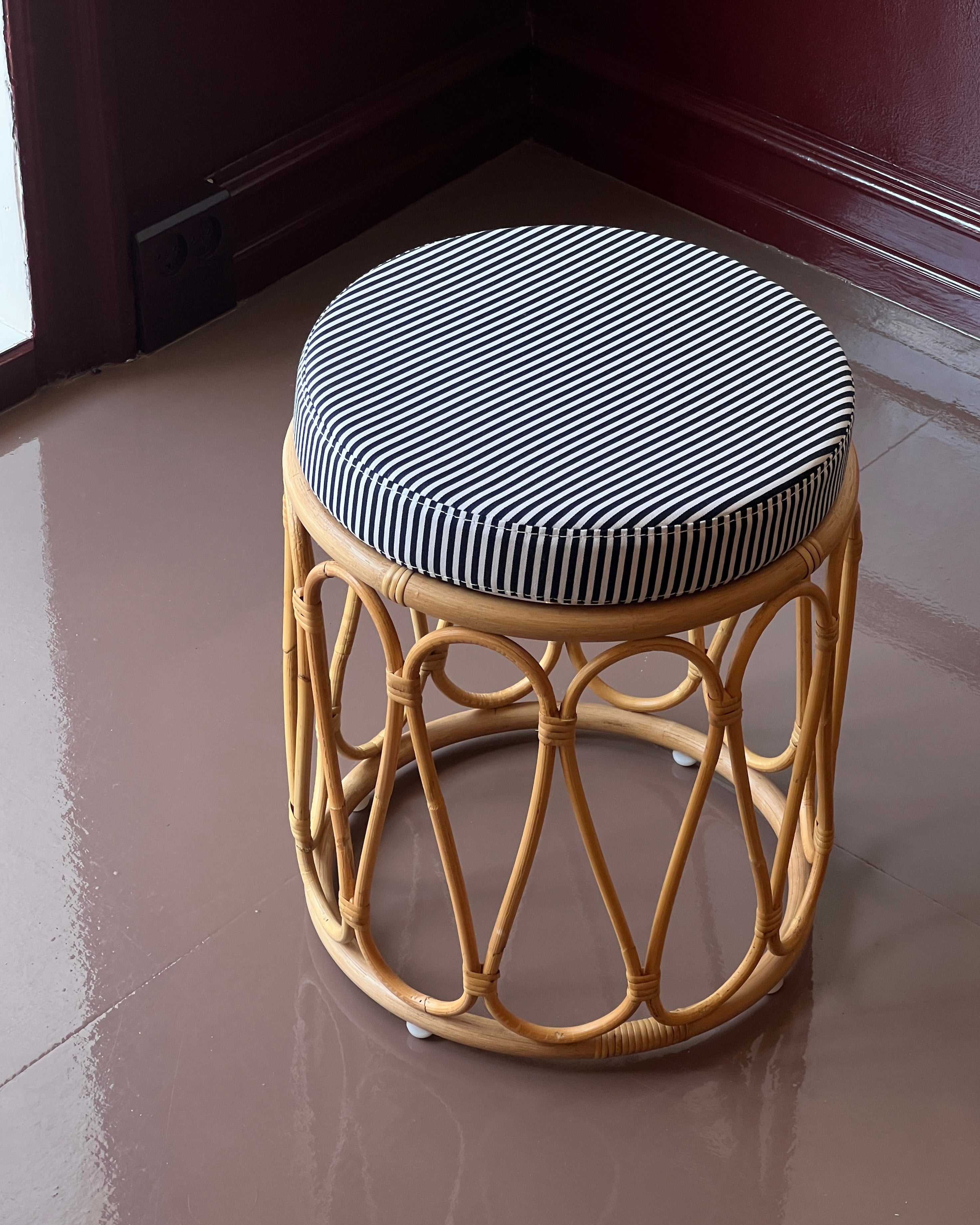 Rattan stool with striped cushion BACK IN STOCK