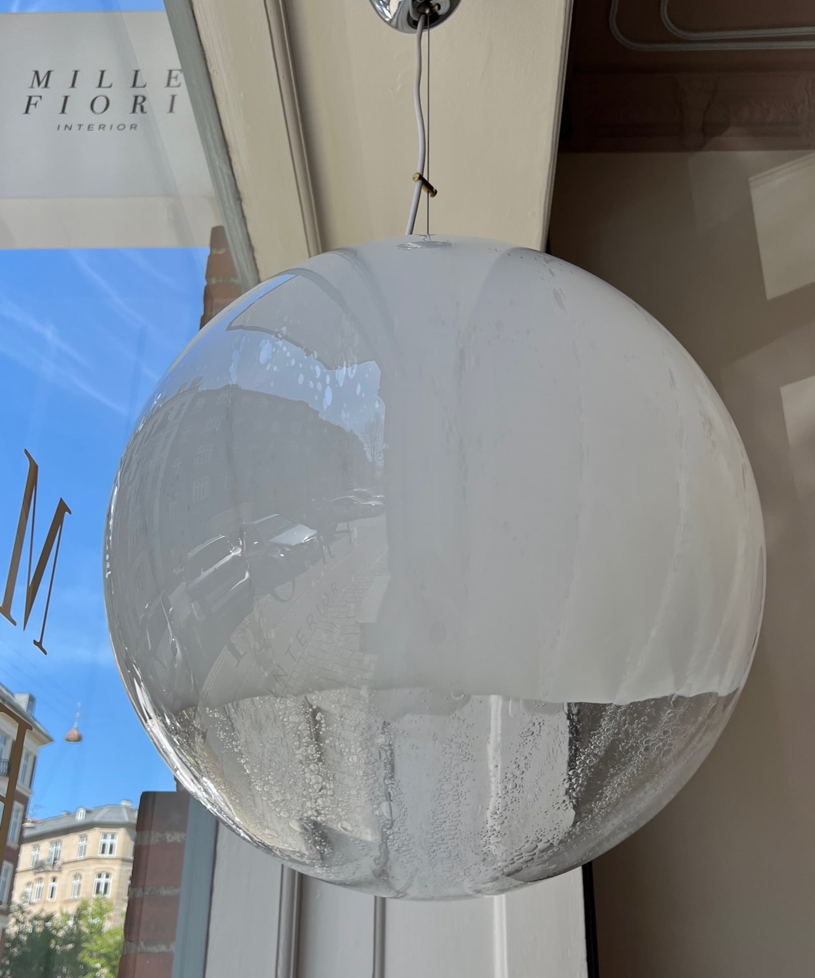 Large vintage white clear Murano ceiling lamp (D50)