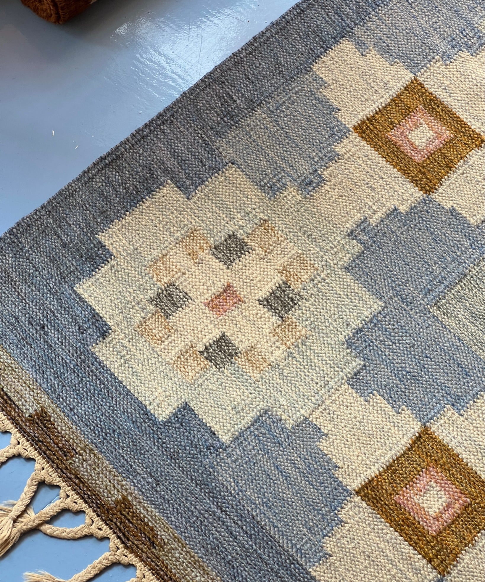 Vintage blue flat weave rug by Ingegerd Silow (IS)