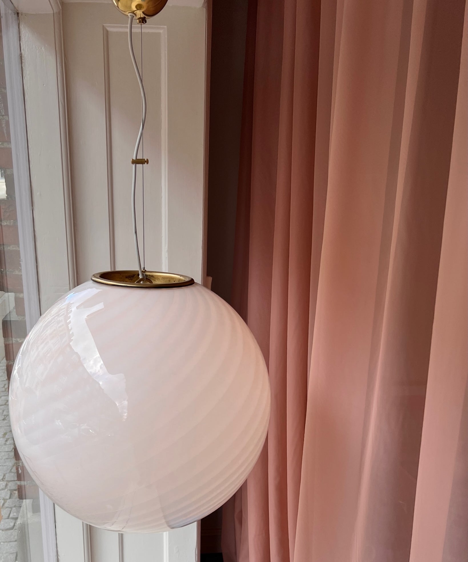Large vintage Murano white swirl ceiling lamp (D50)