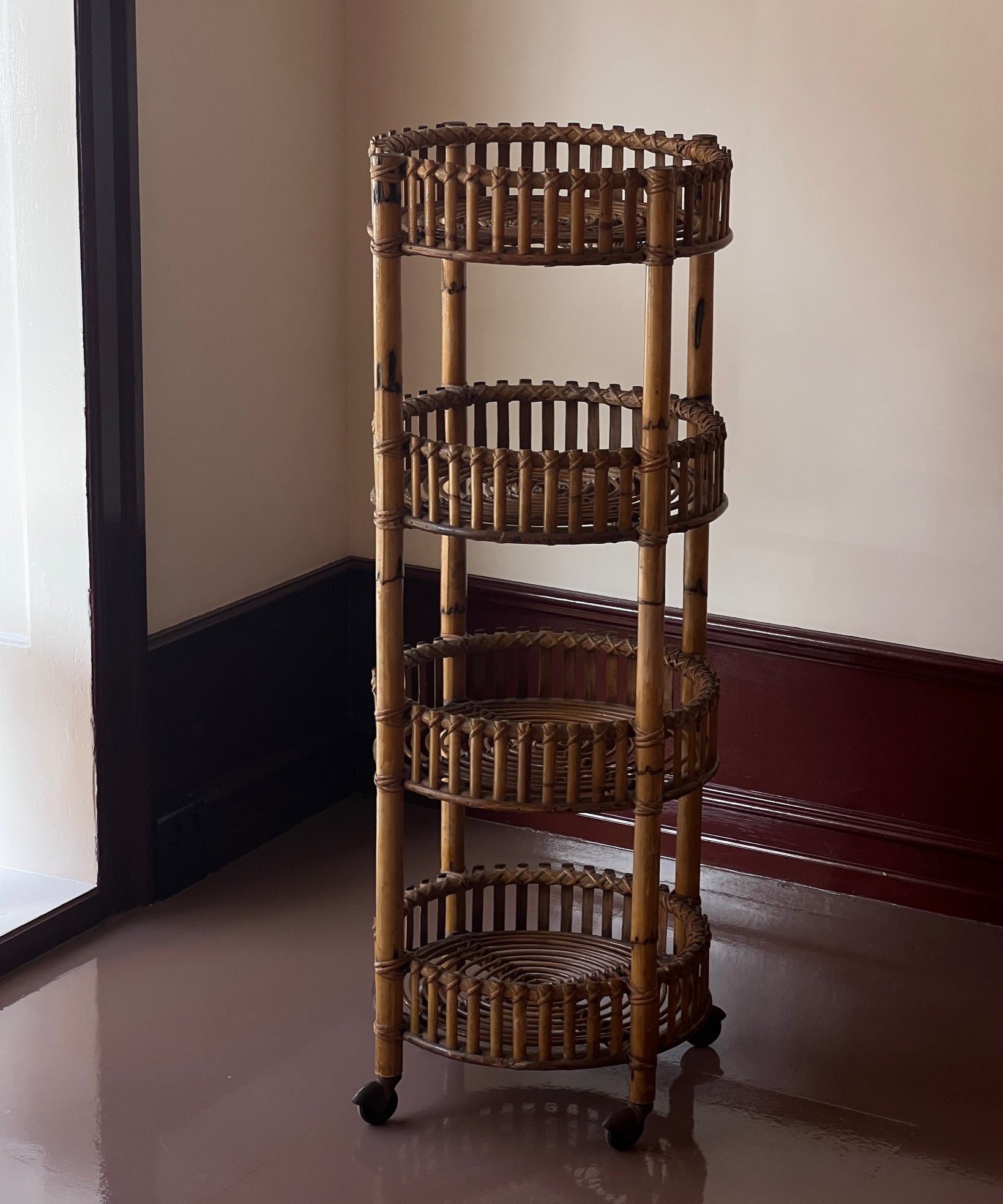 Vintage rattan table / etageres with wheels