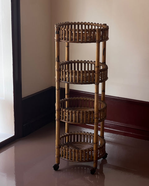 Vintage rattan table / etageres with wheels