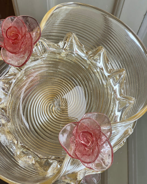 Vintage golden Murano bowl with pink flowers