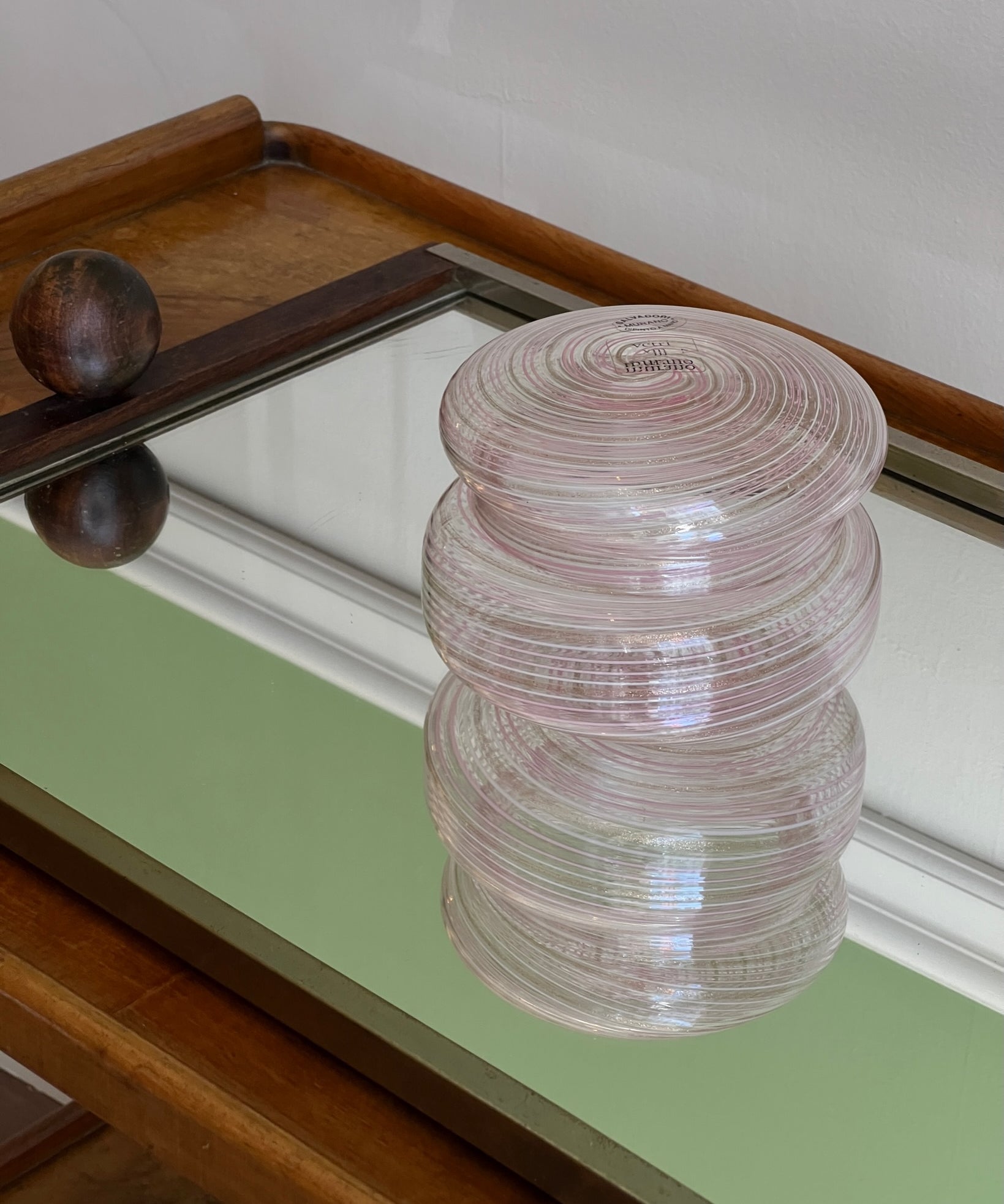 Vintage pink/clear/golden swirl Murano bonbonniere