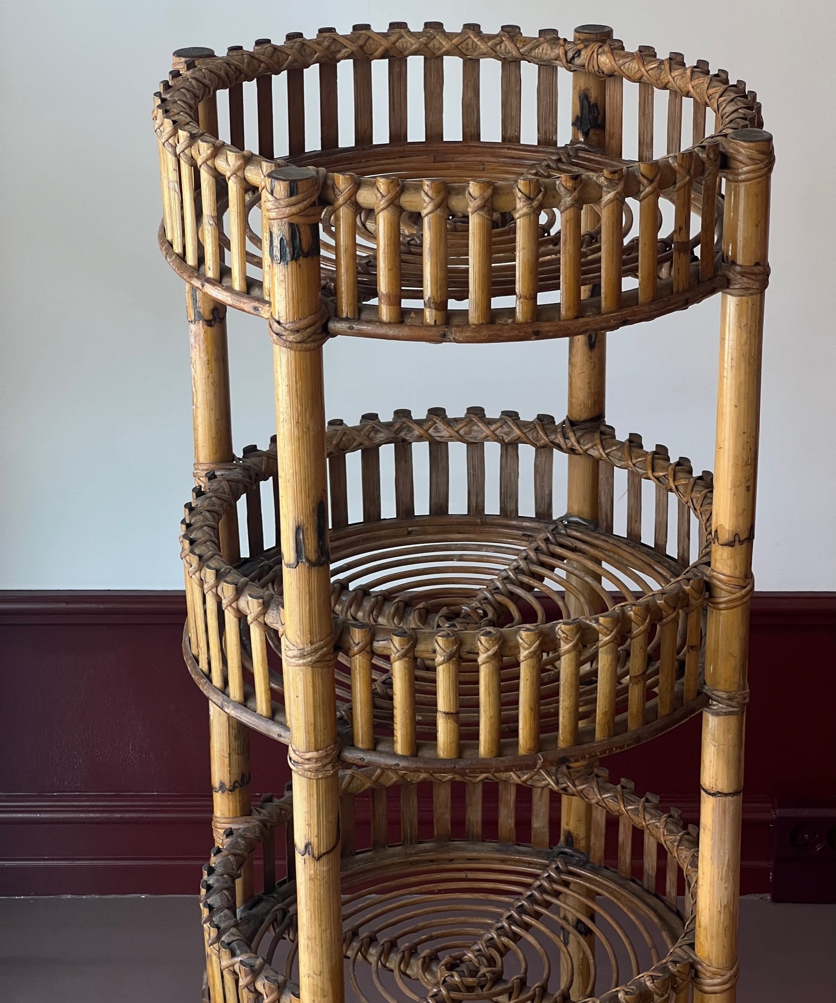 Vintage rattan table / etageres with wheels
