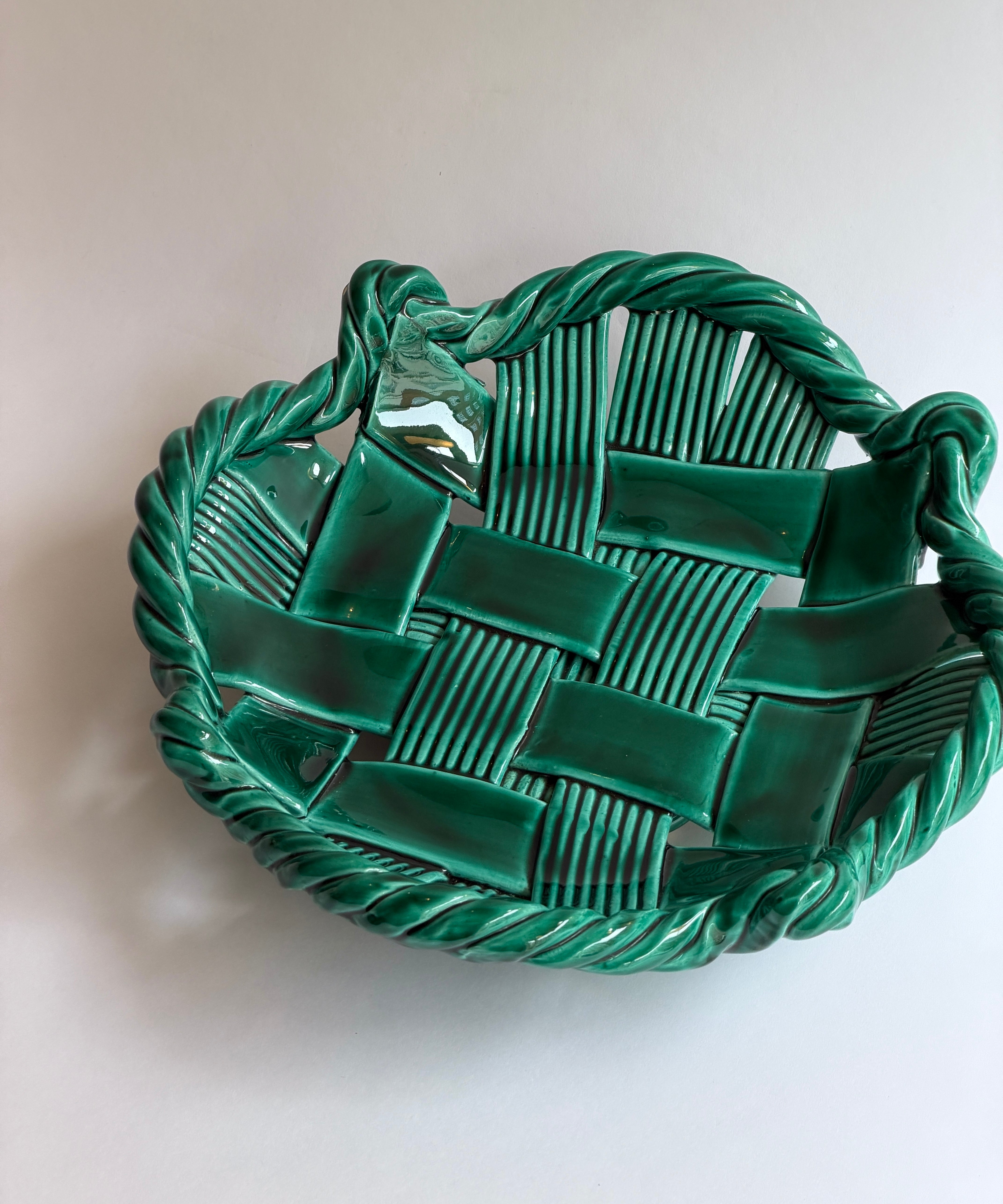 Vintage green ceramic basket