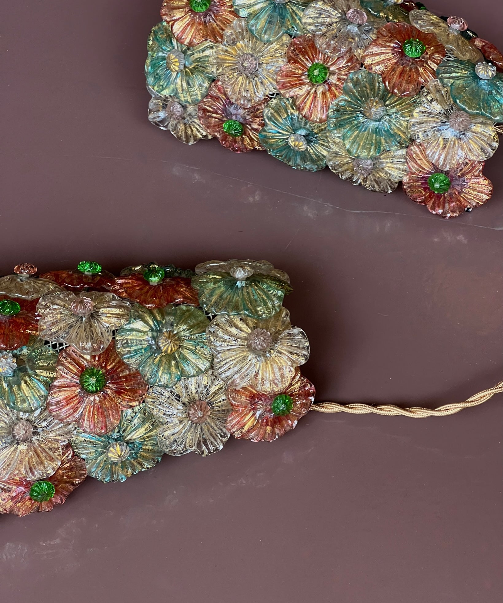 Vintage multi-coloured Murano flower wall lamps (Sold as a pair)