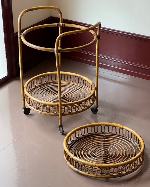 Vintage rattan trolley/table with wheels