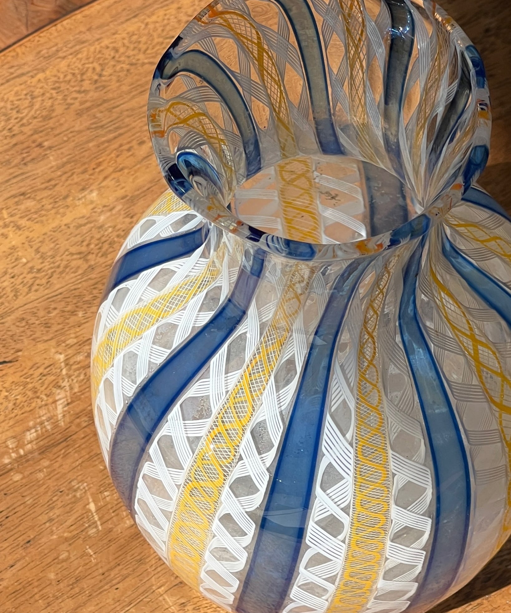 Vintage blue/white/yellow Murano latticino vase