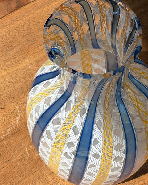 Vintage blue/white/yellow Murano latticino vase