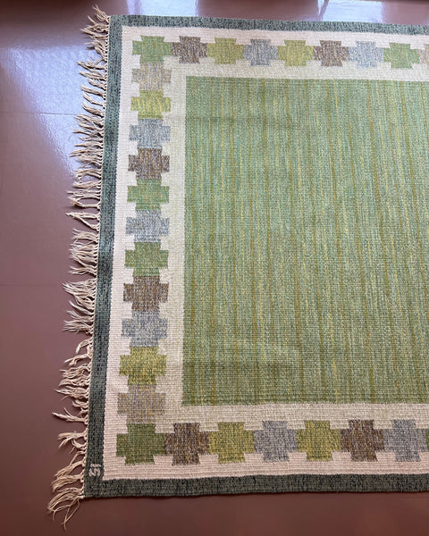 Vintage green flat weave rug by Ingegerd Silow (IS)