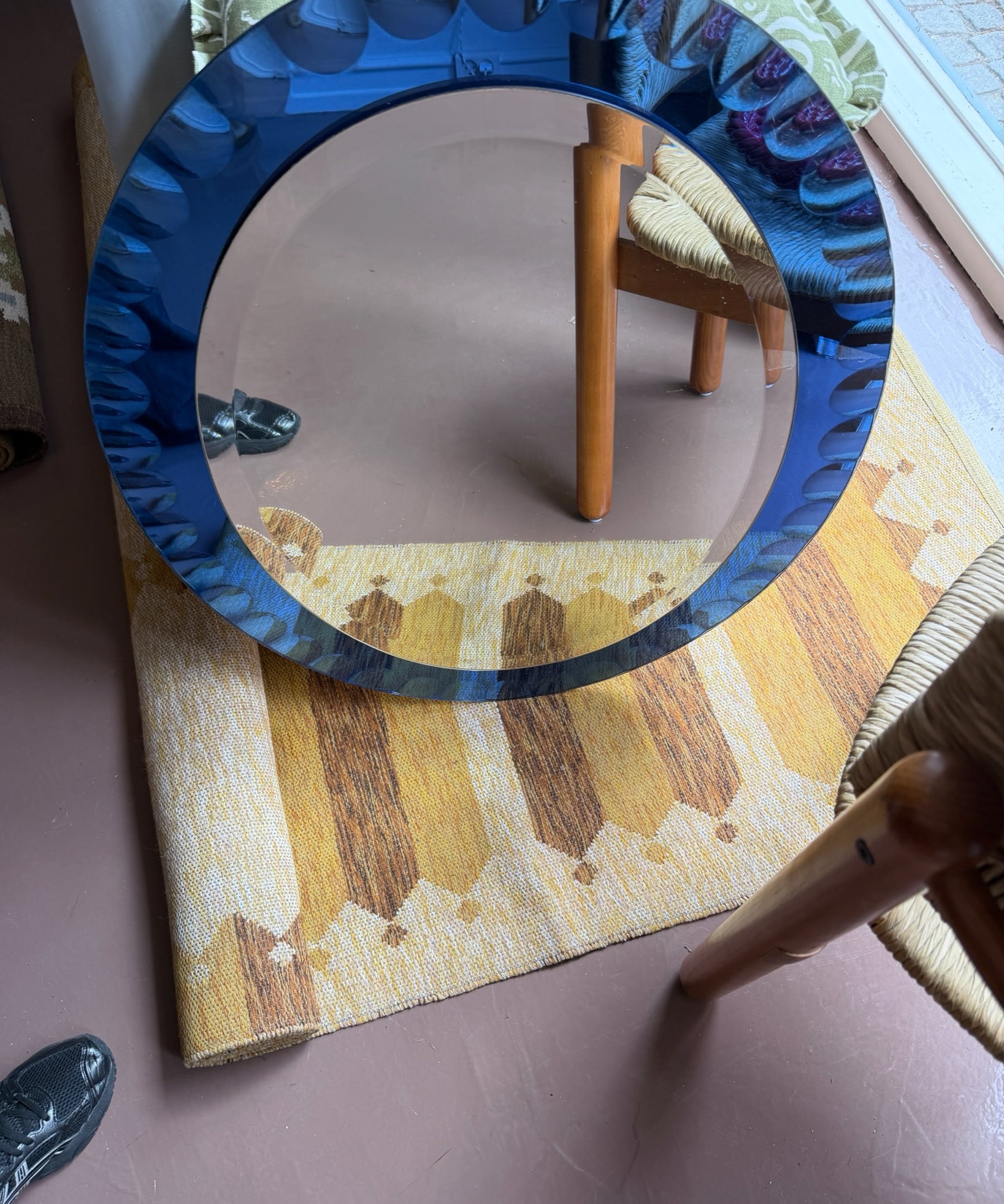 Vintage Italian mirror with faceted blue mirror frame