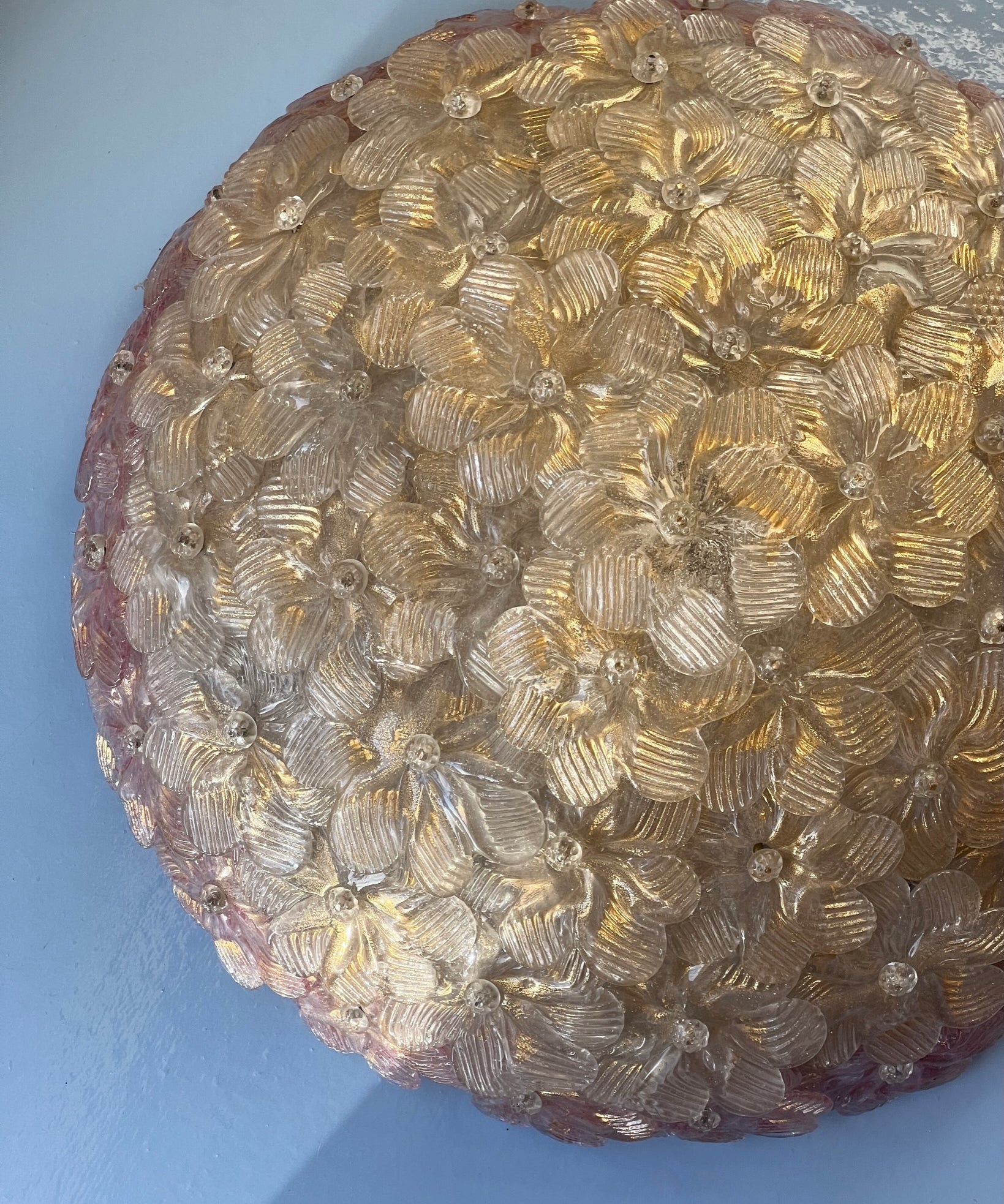 Vintage clear/golden/pink Murano flower ceiling/wall lamp (D40)