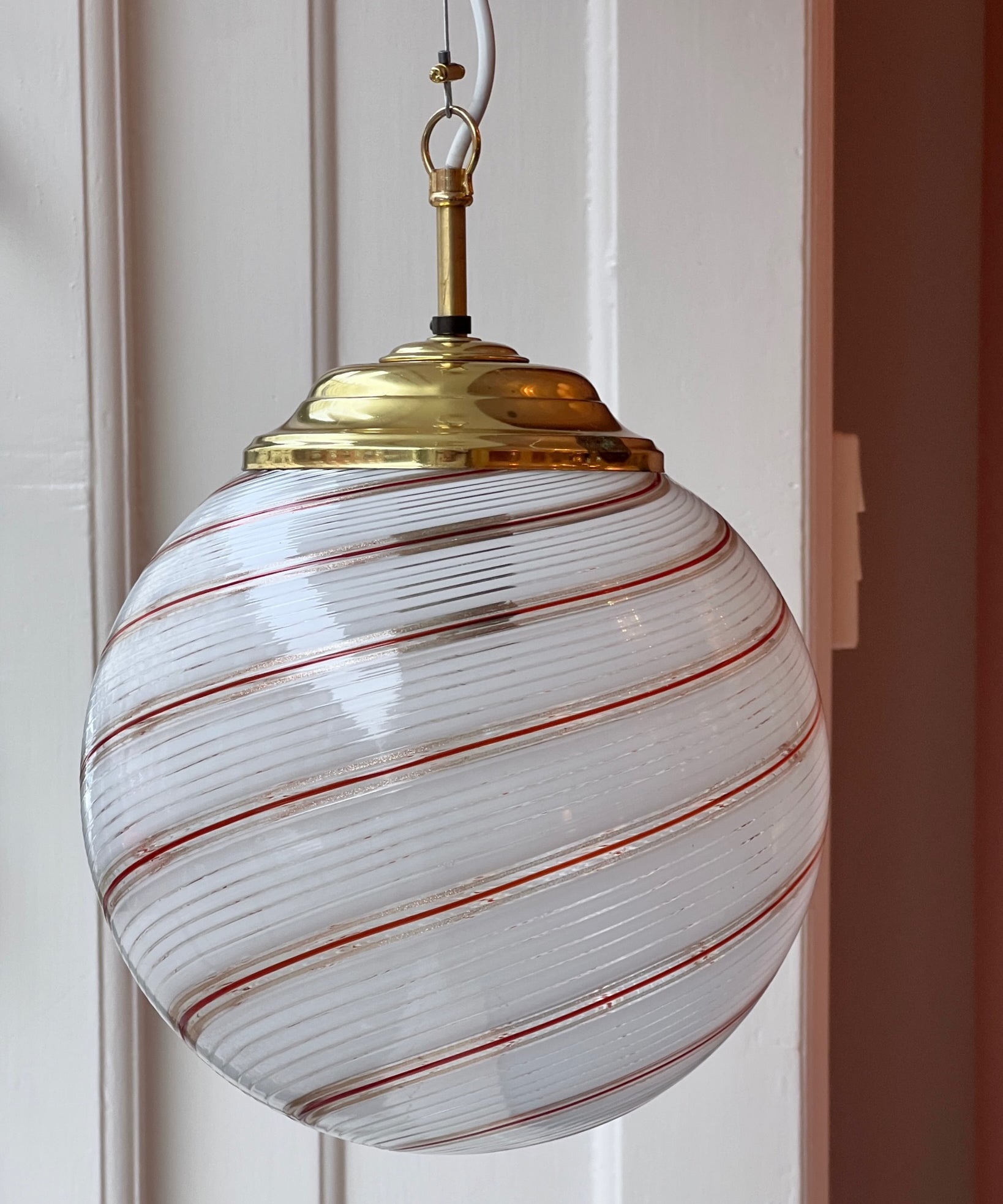 Vintage Murano white/red/clear swirl ceiling lamp (D25)