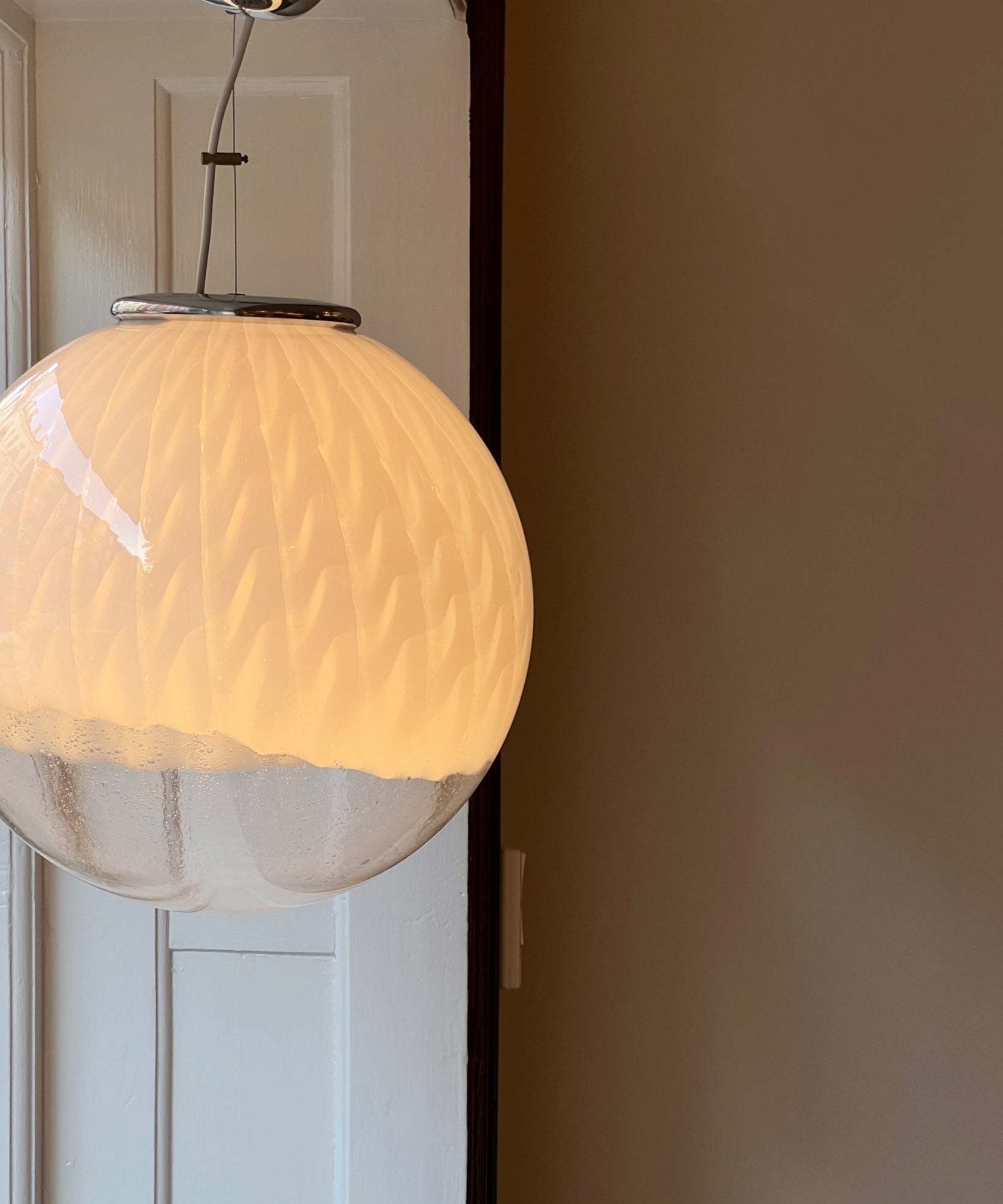 Large vintage white clear Murano ceiling lamp (D50)