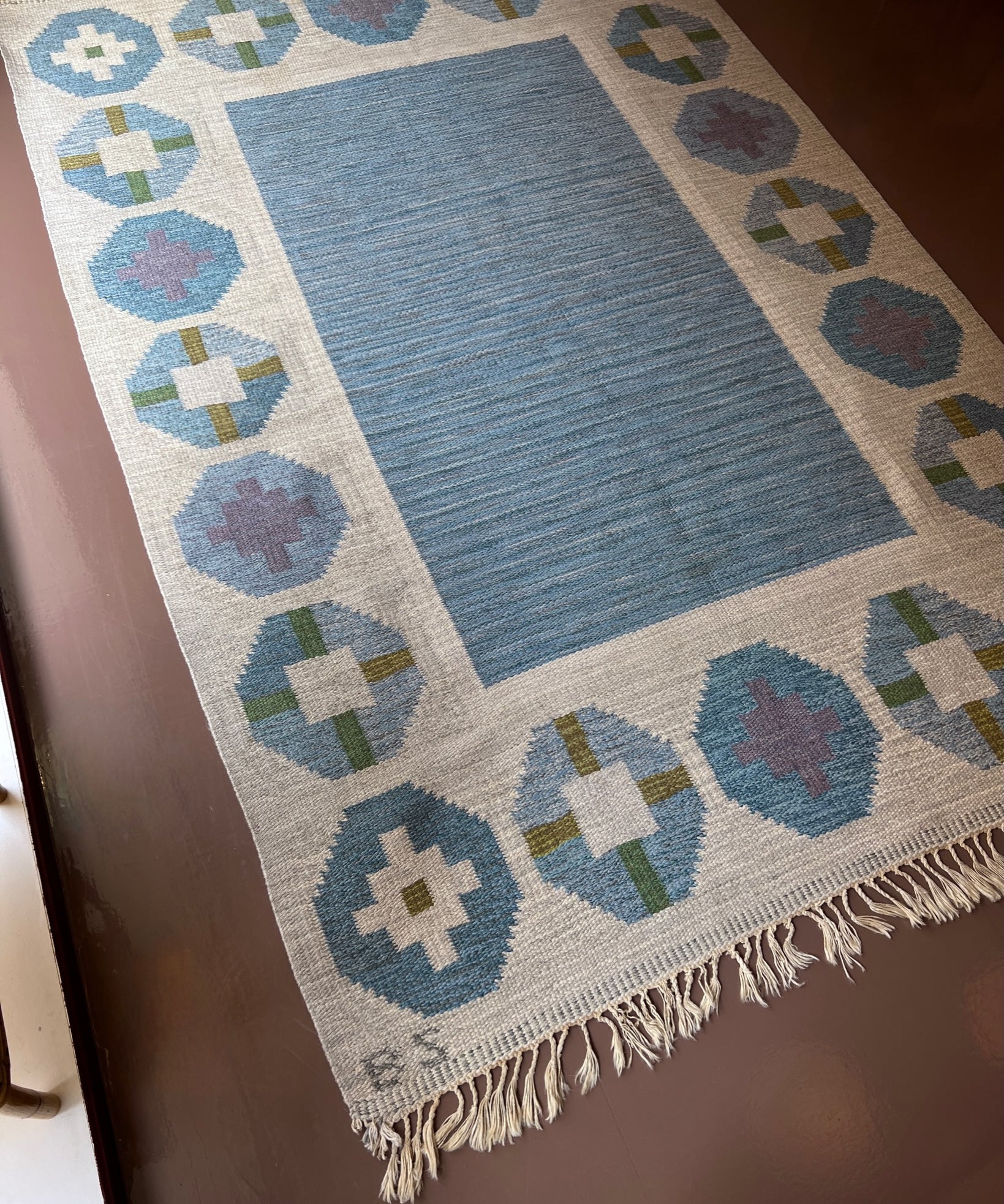 Vintage flat weave rug by Birgitta Södergren (BS)