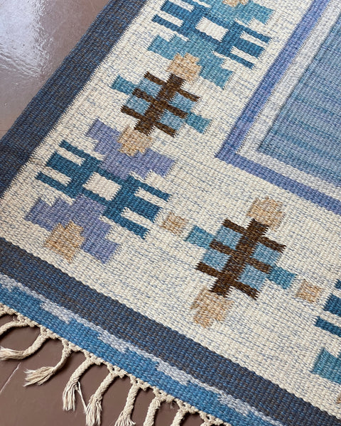 Vintage blue flat weave rug by Ingegerd Silow (IS)