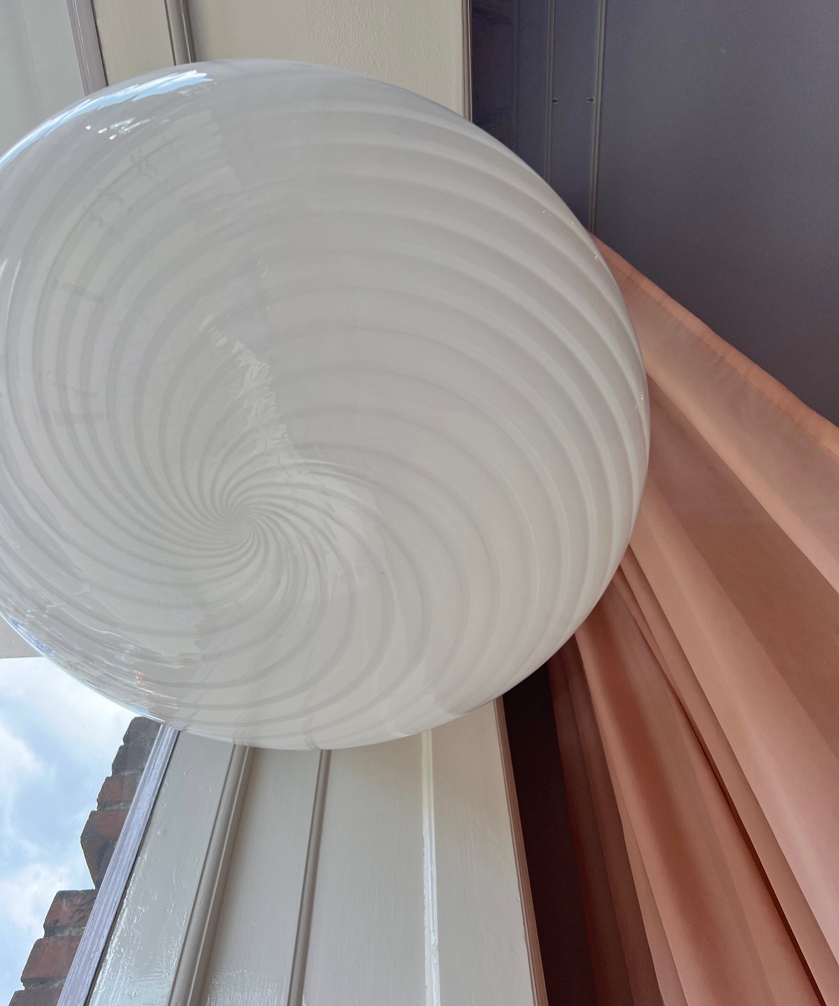 Large vintage oval white swirl Murano ceiling lamp (D50)