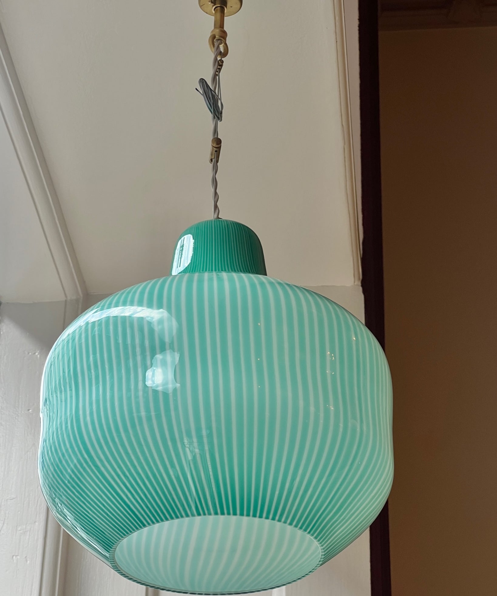 Vintage Massimo Vignelli Venini green vertical stripes ceiling lamp (D30)