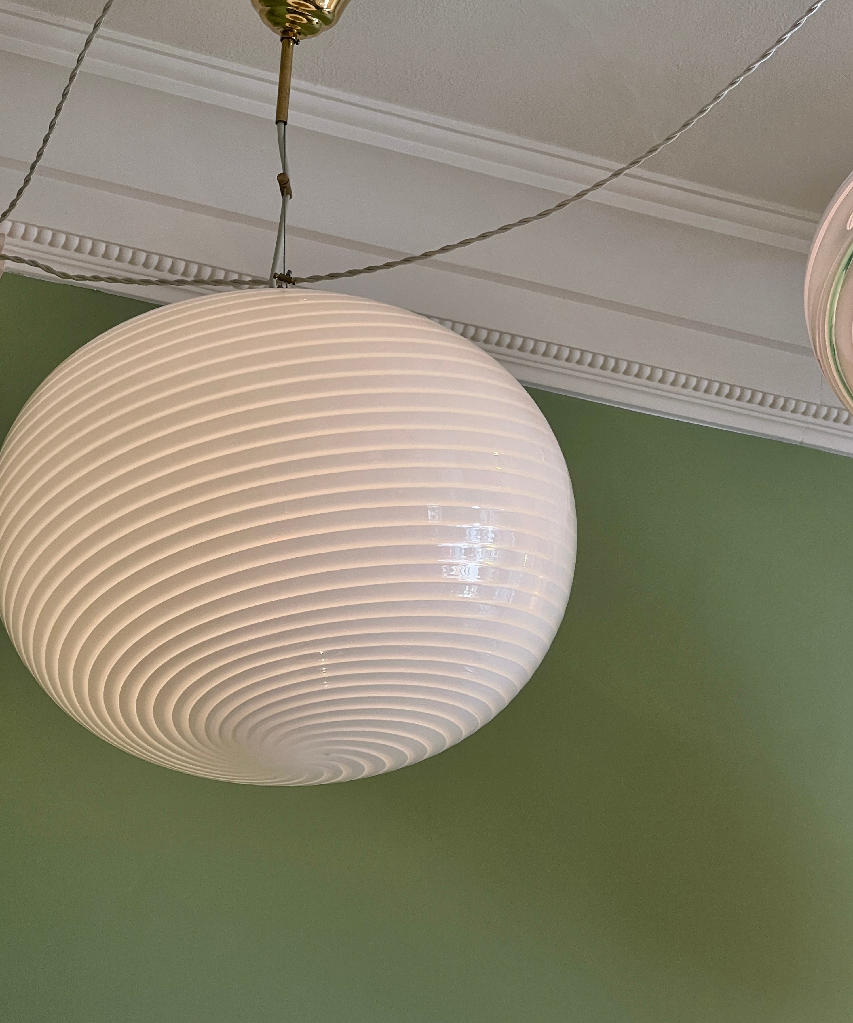 Vintage Murano oval white swirl ceiling lamp (D48)