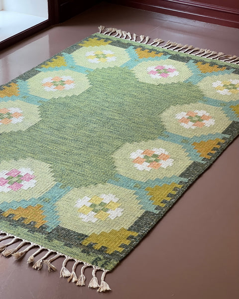 Vintage green flat weave rug by Ragnar Edberg (RE)