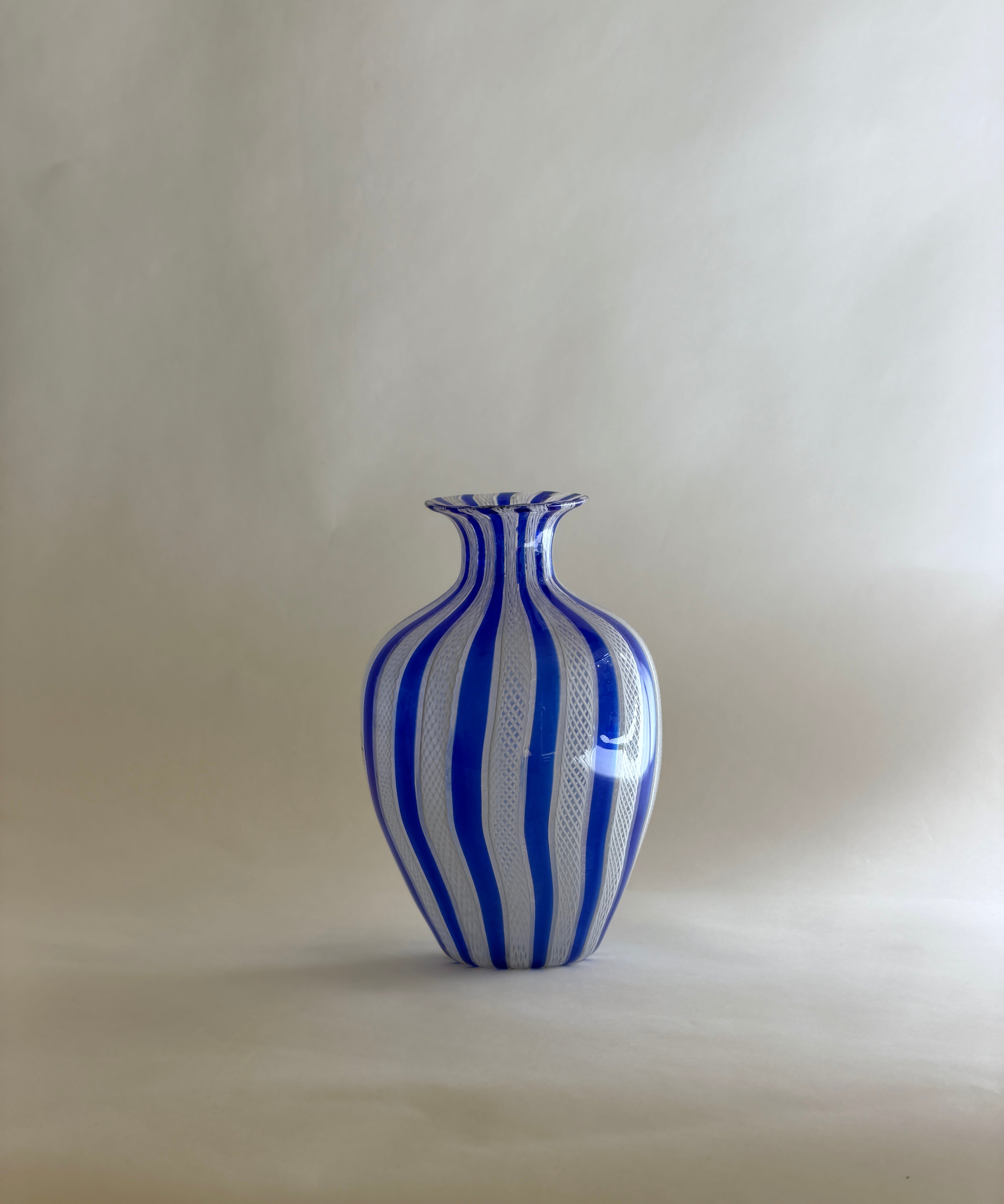 Vintage blue/white Murano latticino vase