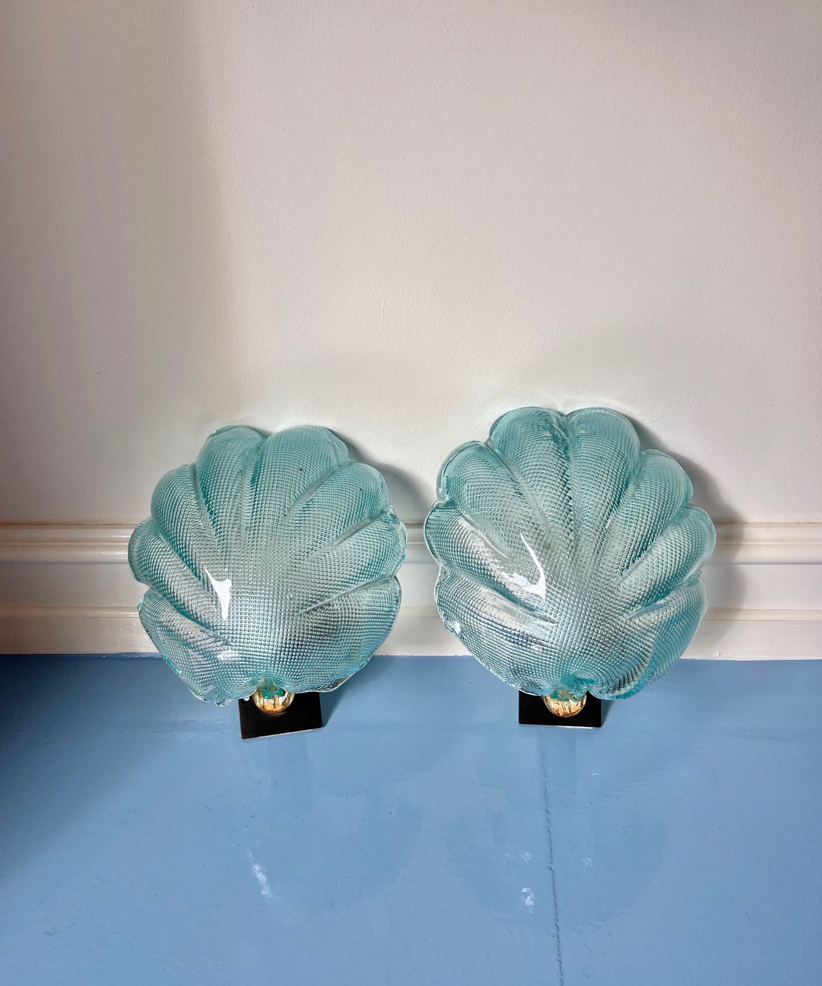 Pair of vintage blue Murano shell wall lamps