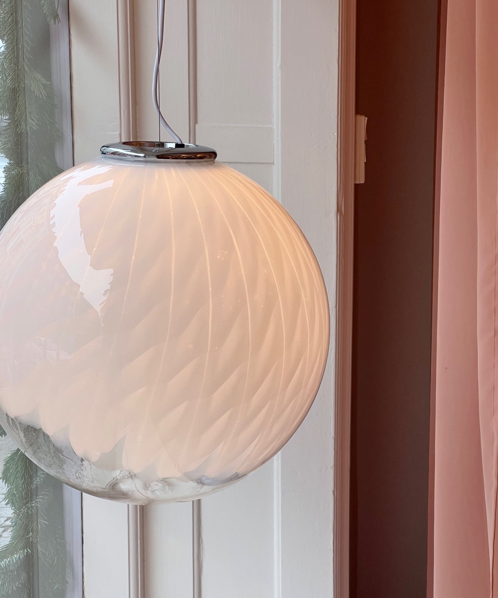 Large vintage white clear Murano ceiling lamp (D50)