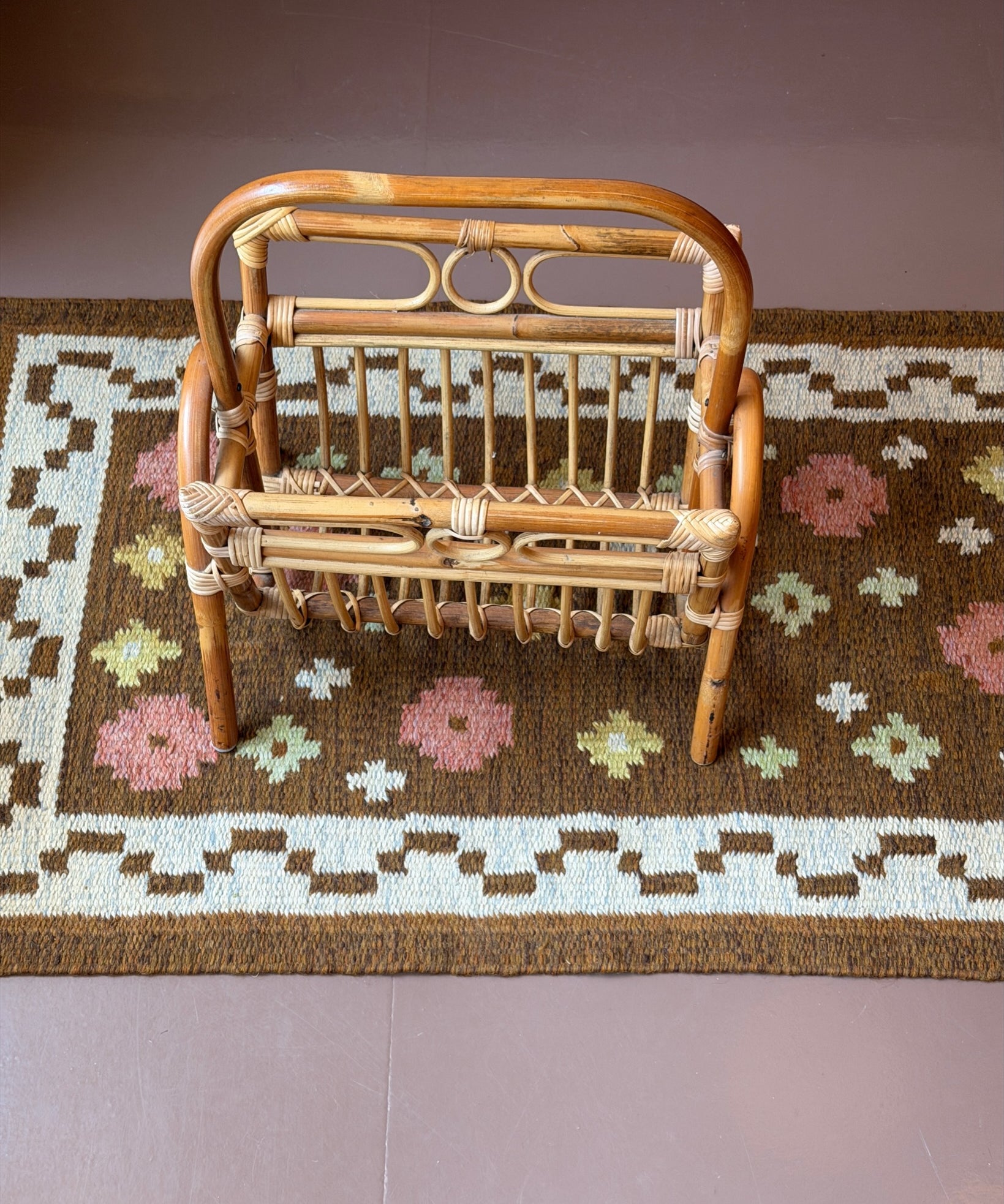 Large vintage rattan magazine holder