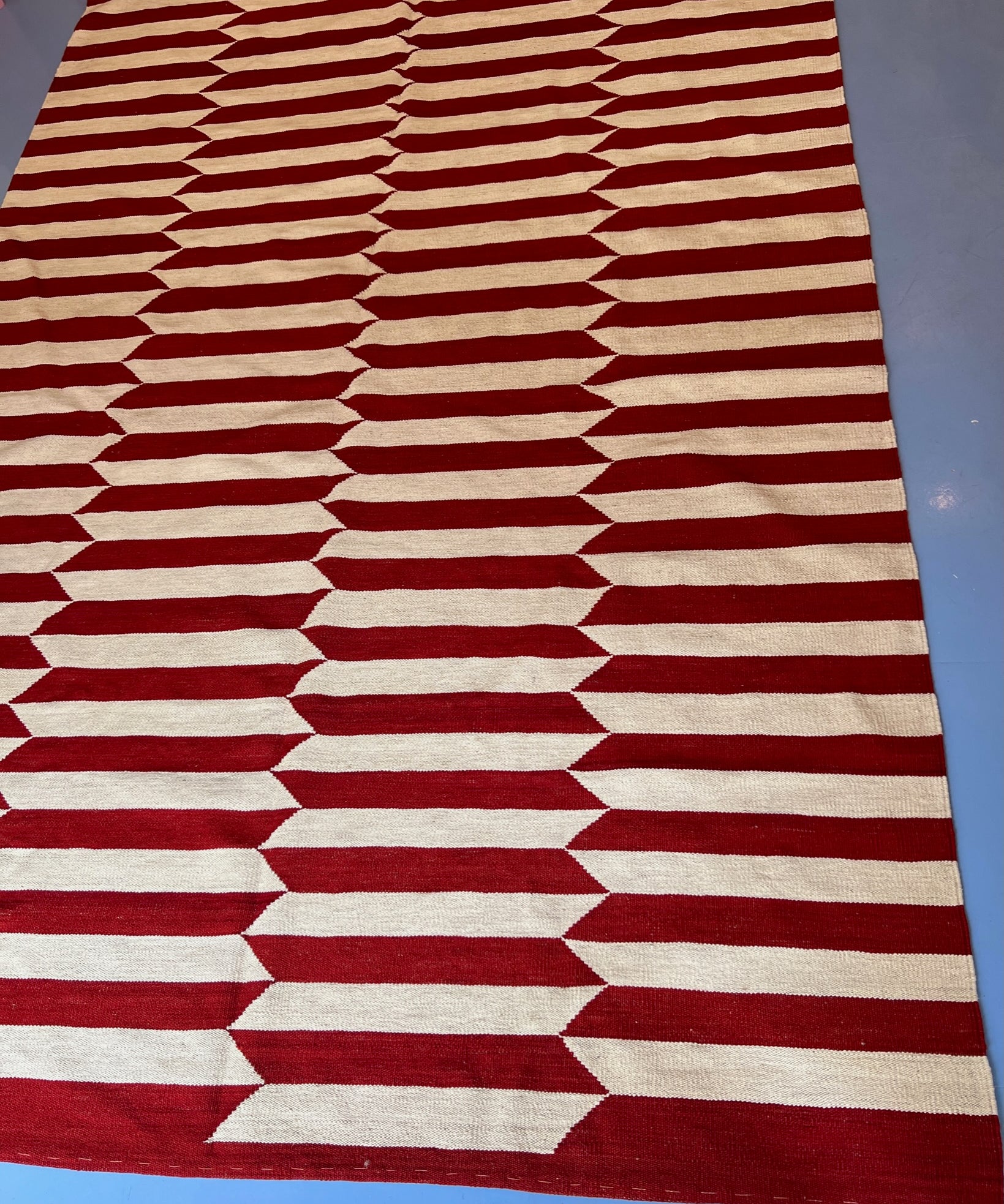 Large vintage deep red / white kilim rug