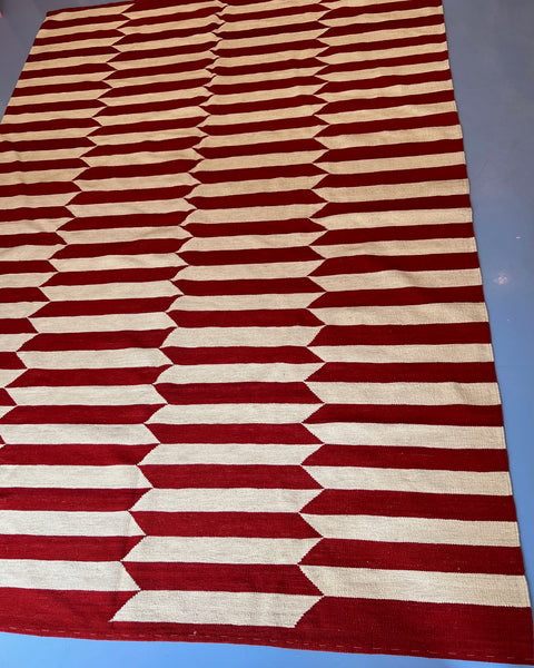 Large vintage deep red / white kilim rug