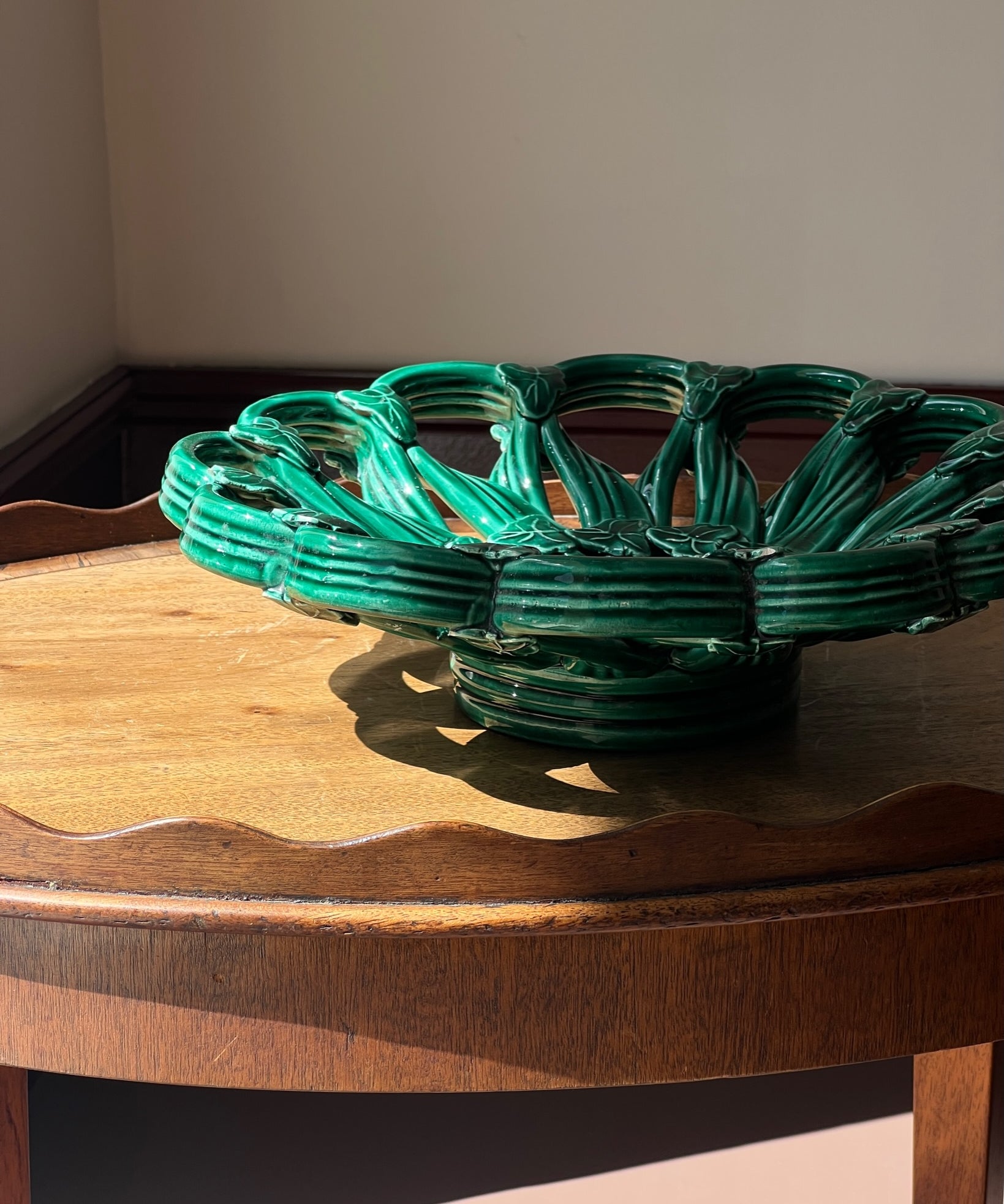 Vintage green ceramic basket