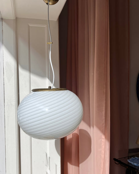 Vintage oval white swirl Murano ceiling lamp (D35)
