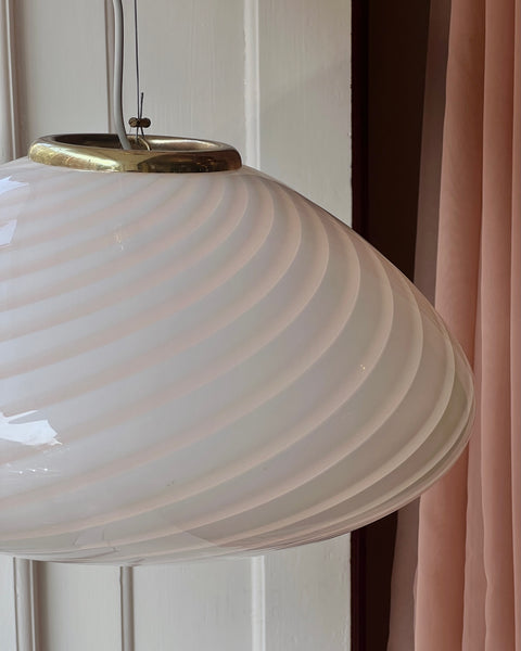 Large vintage oval white swirl Murano ceiling lamp (D50)