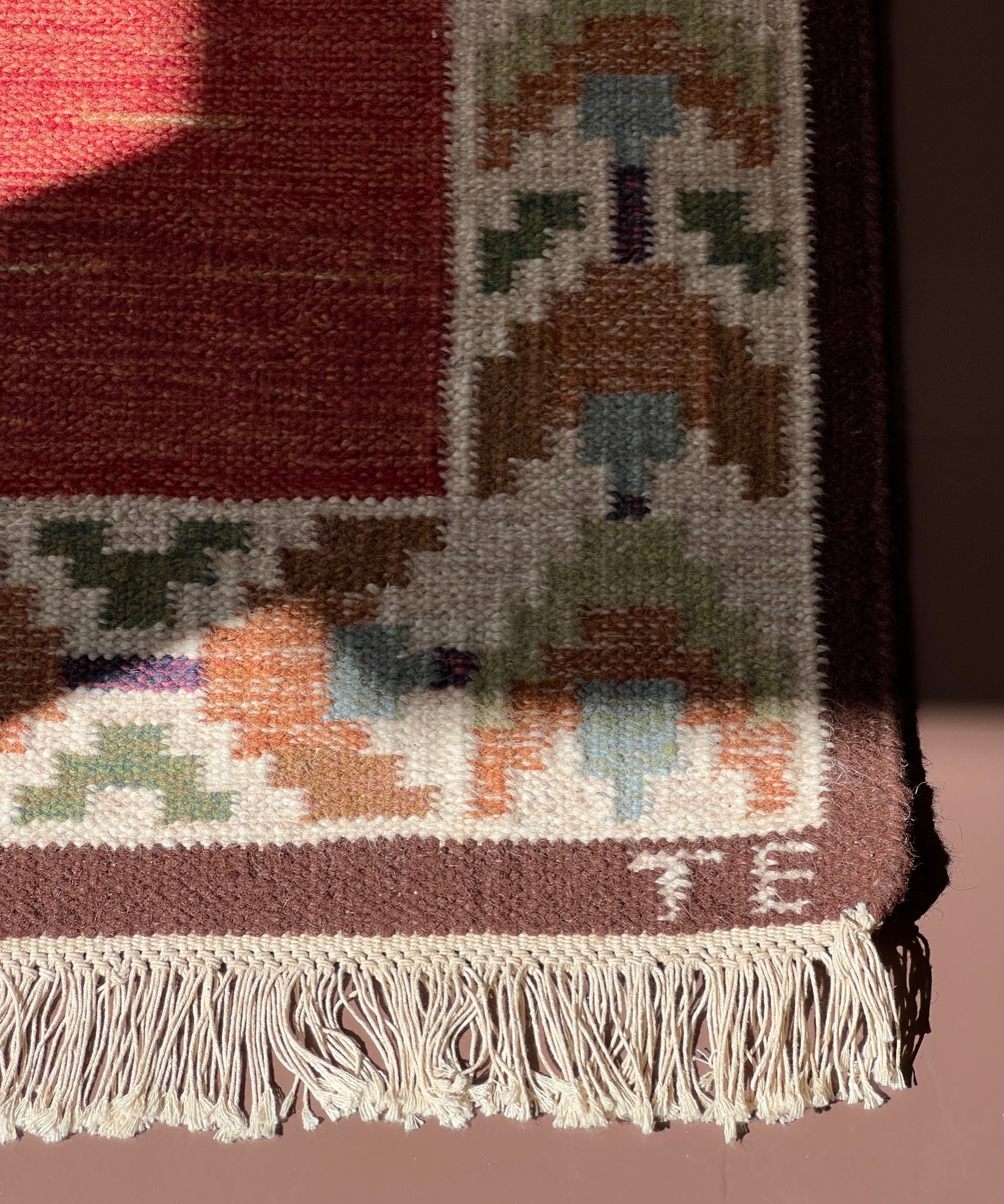 Vintage flat weave rug signed TE