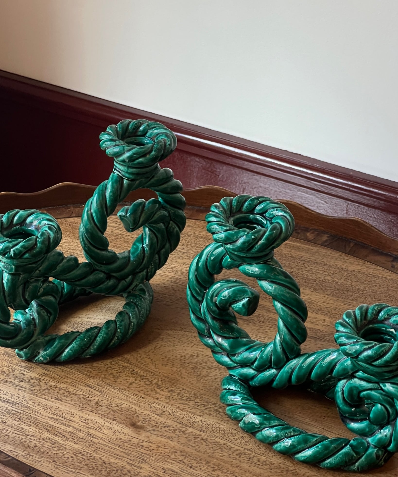 Vintage green twisted ceramic candle holder