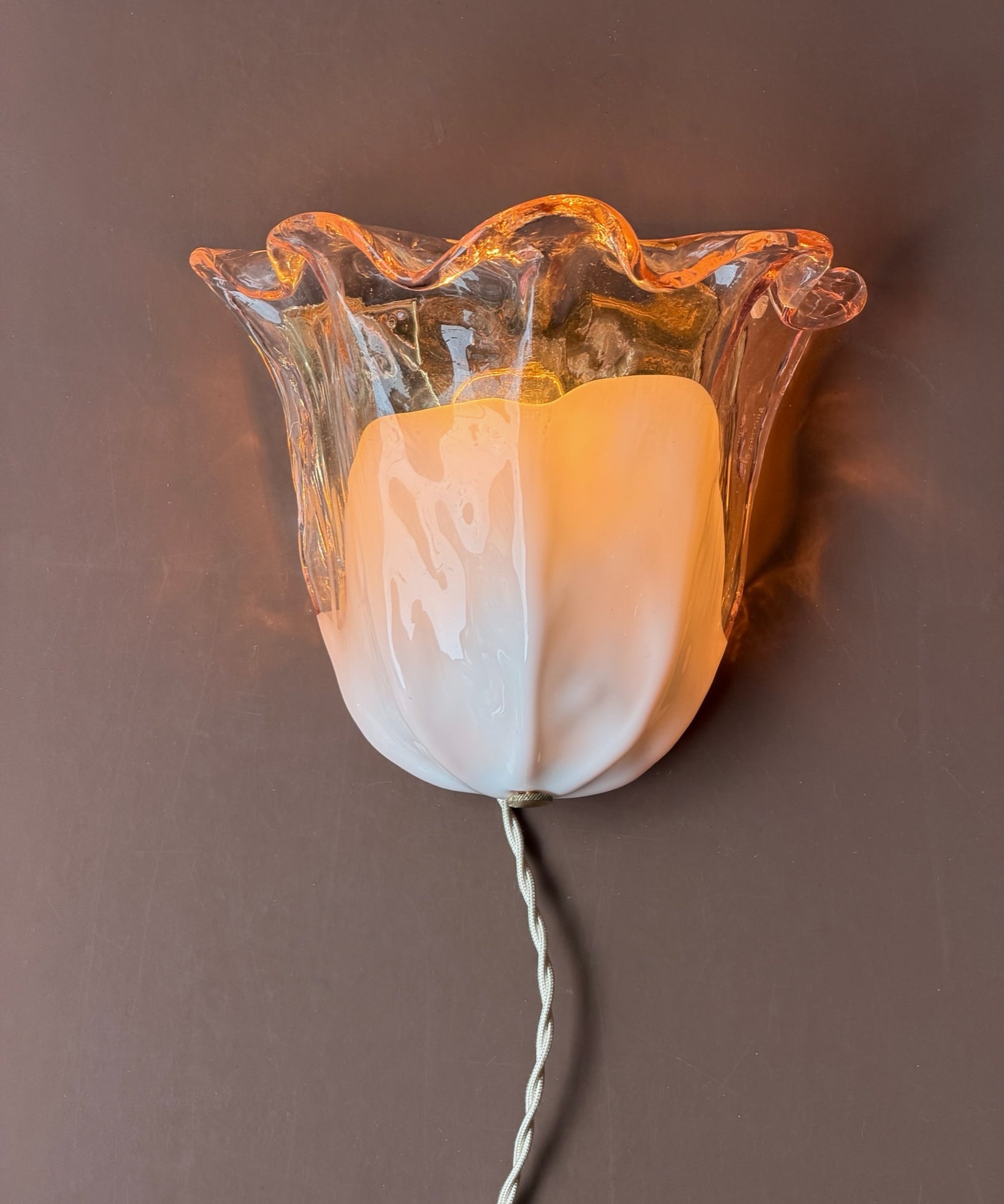 Vintage milky pink/clear Murano shell wall lamp