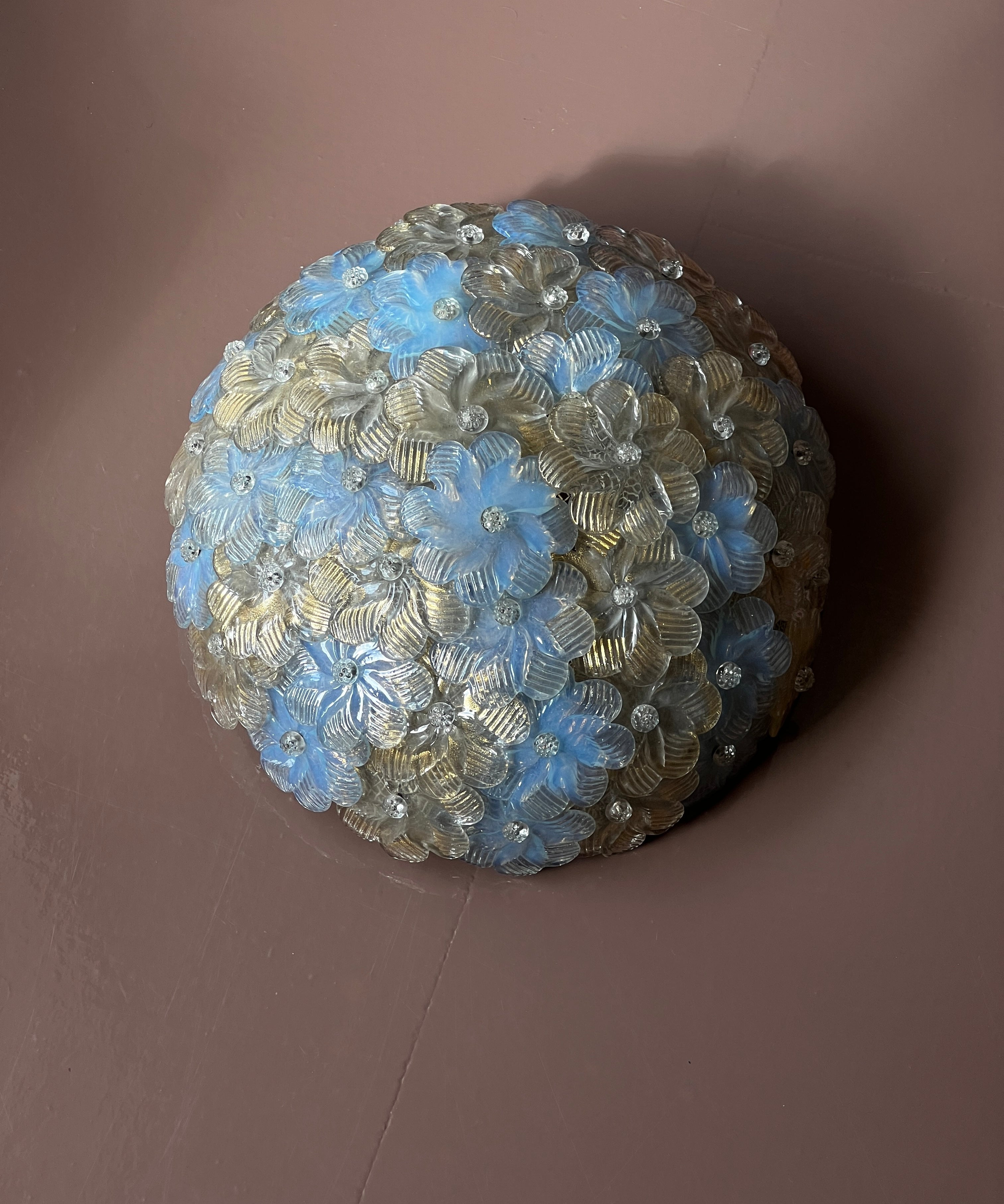 Vintage clear/golden/opal blue Murano flower ceiling/wall lamp (D35)