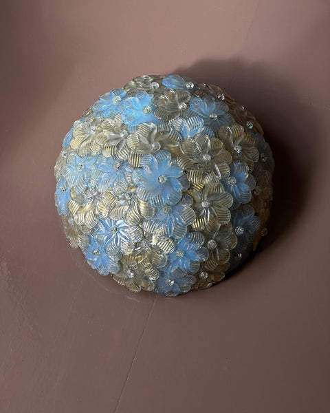 Vintage clear/golden/opal blue Murano flower ceiling/wall lamp (D35)