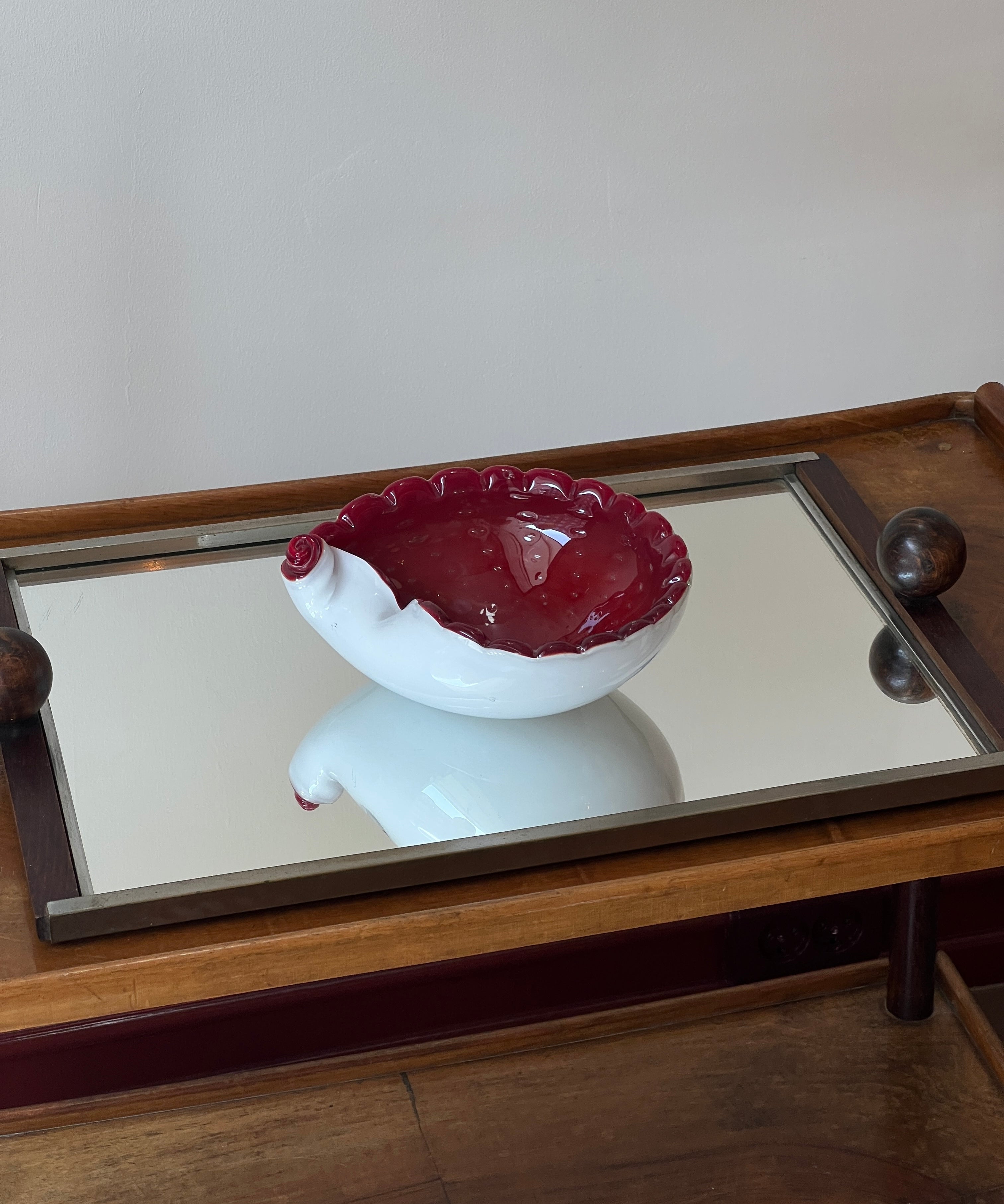 Vintage red/white Murano shell/bowl