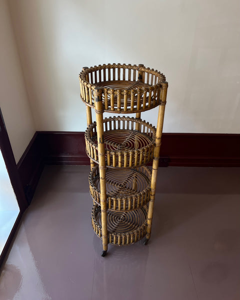 Vintage rattan table / etageres with wheels