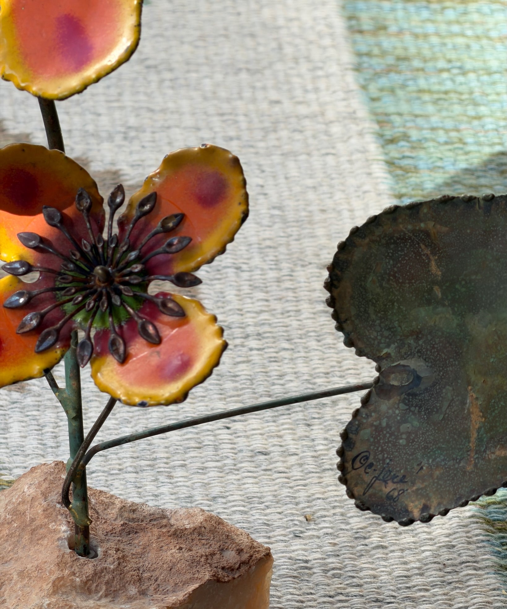 Vintage Curtis Jere orange enamel flower sculpture (stand or wall)