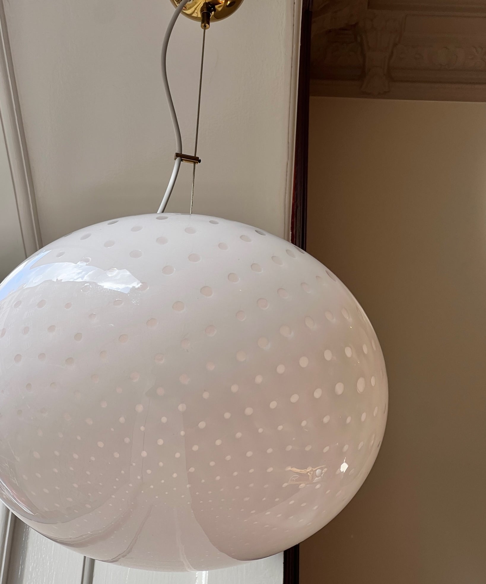 Vintage Murano white dotted oval ceiling lamp (D40)