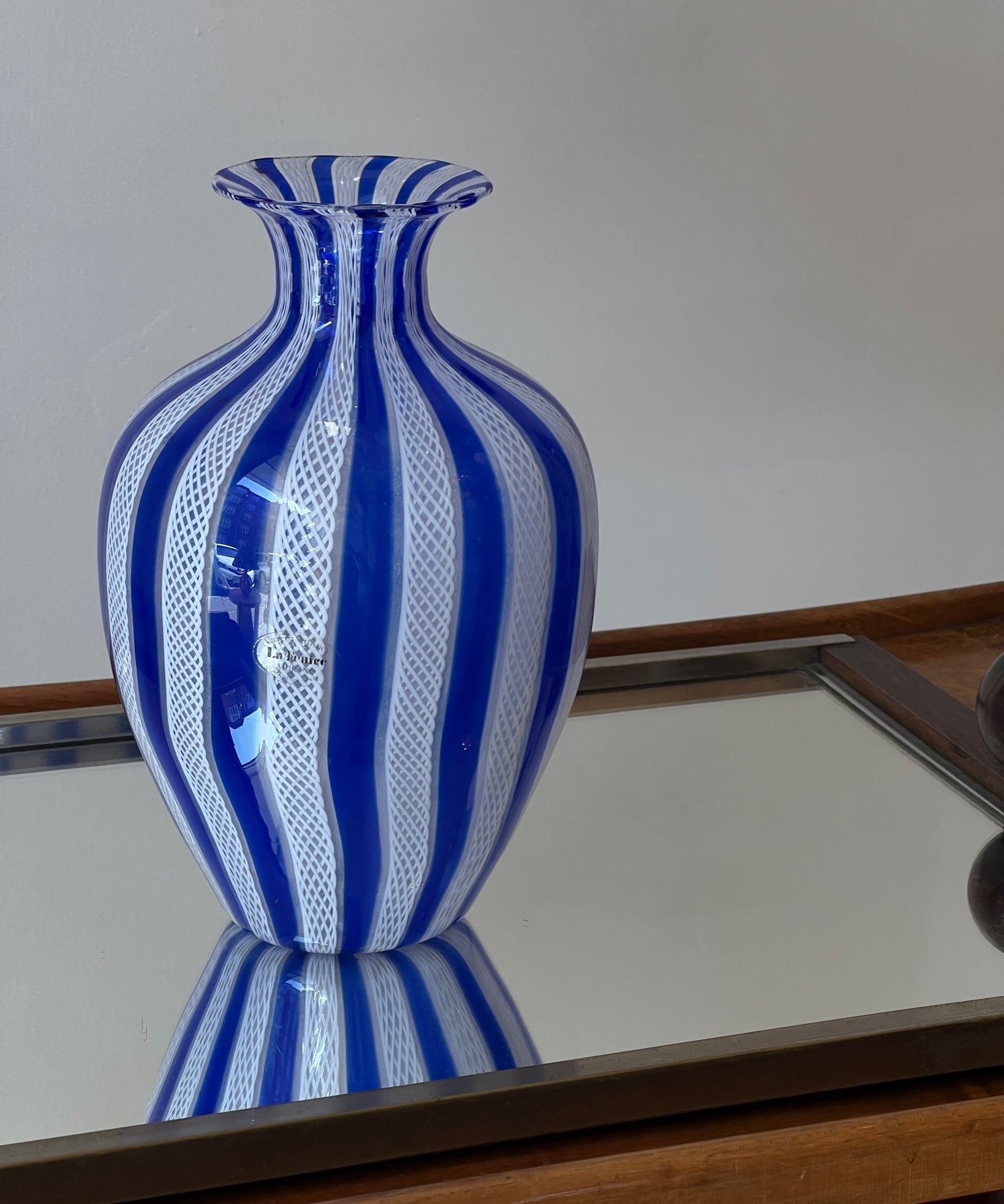 Vintage blue/white Murano latticino vase